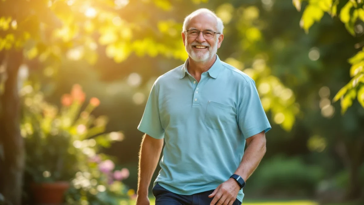 An active senior walking outdoors wearing a medical alert wristband